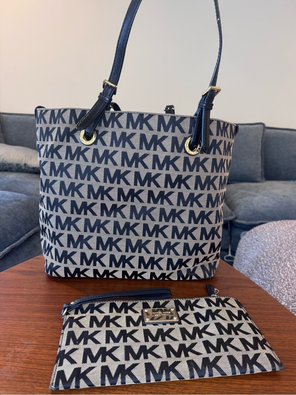 Michael Kors MK Logo Tote black Gold Hardware purse handbag  & wristlet wallet